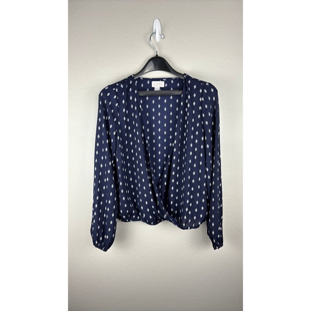 Vixbe - Small - Navy Wrap Blouse: Chic V-Neck, Puff Sleeves, Diamond Pattern